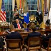 Donald Trump discussing Iran conflict and oil infrastructure threats