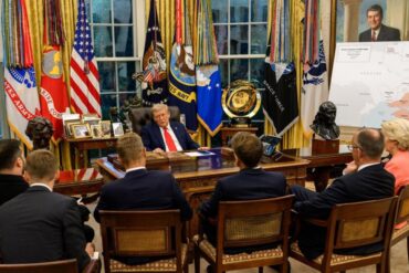 Donald Trump discussing Iran conflict and oil infrastructure threats