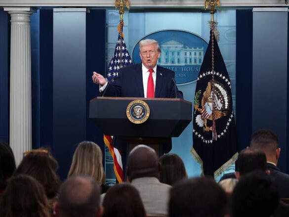 Donald Trump speaking about Iran ceasefire proposal and Hormuz Strait deadline
