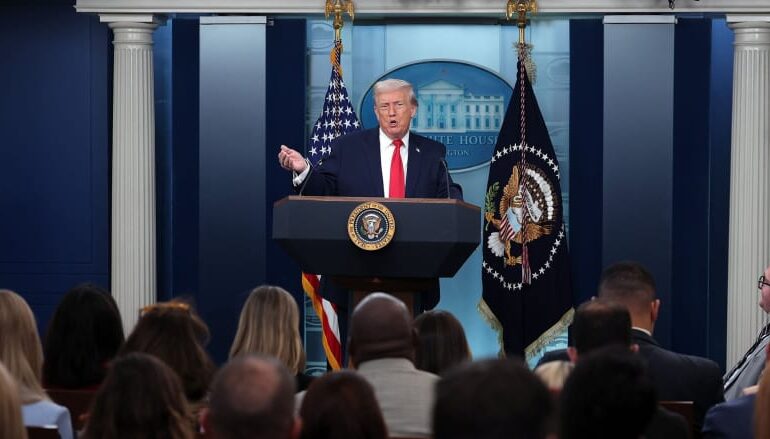 Donald Trump speaking about Iran ceasefire proposal and Hormuz Strait deadline